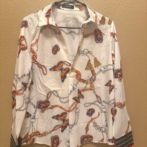 Size S/4 EU36 Button Up Collared V Neck LS Top Butterfly Gold Chain Leather